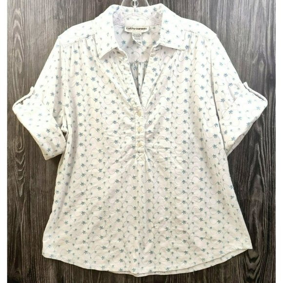 Cathy Daniels Women's Large Button Down Roll Tab Sleeve Blue White Micro Floral - Picture 1 of 10